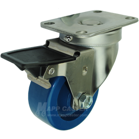 3" x 1-1/4" Solid Polyurethane Stainless Steel Sealed Swivel Caster with Face Contact Brake - 300 Lbs Capacity