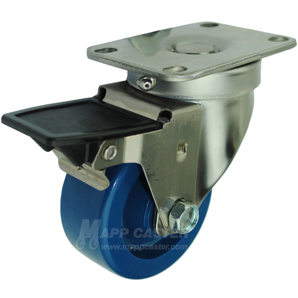 3" x 1-1/4" Solid Polyurethane Stainless Steel Sealed Swivel Caster with Face Contact Brake - 300 Lbs Capacity