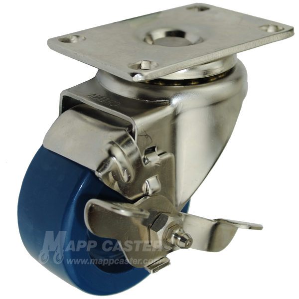 3" x 1-1/4" Solid Polyurethane Stainless Steel Swivel Brake Caster - 300 Lbs Capacity