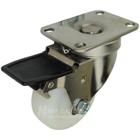 3" x 1-1/4" White Polyolefin Wheel Stainless Steel Sealed Swivel Caster with Face Contact Brake - 250 Lbs Capacity