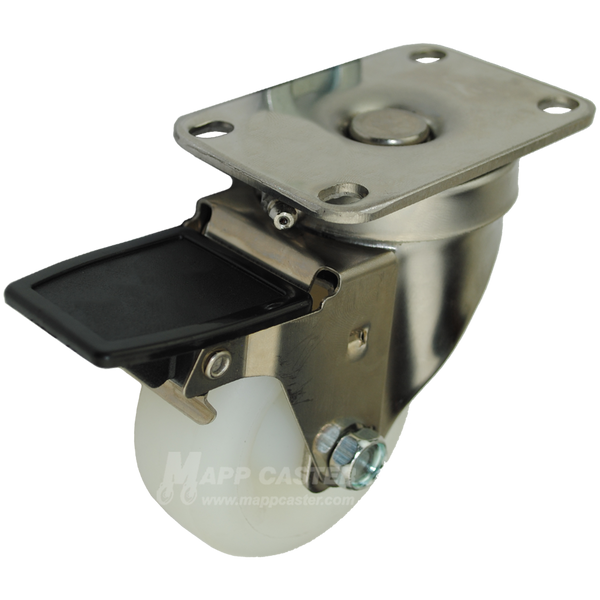 3" x 1-1/4" White Polyolefin Wheel Stainless Steel Sealed Swivel Caster with Face Contact Brake - 250 Lbs Capacity