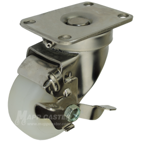 3" x 1-1/4" White Polyolefin Wheel Stainless Steel Sealed Swivel Caster with Brake - 250 Lbs Capacity