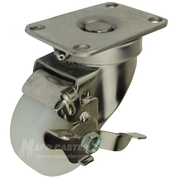 3" x 1-1/4" White Polyolefin Wheel Stainless Steel Sealed Swivel Caster with Brake - 250 Lbs Capacity