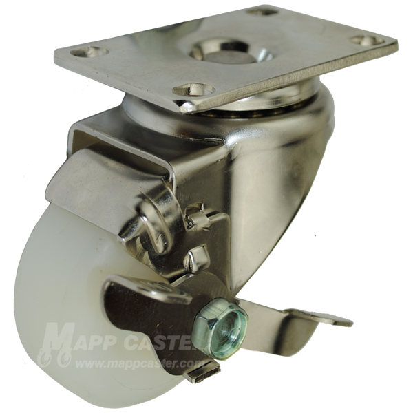 3" x 1-1/4" White Polyolefin Wheel Stainless Steel Swivel Caster with Brake - 250 Lbs Capacity