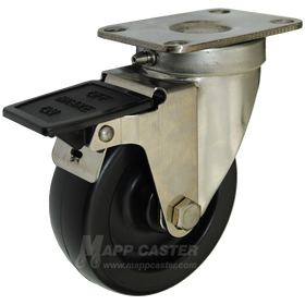 4" x 1-1/4" Heavy Duty Plastic Wheel Stainless Steel Sealed Swivel Caster with Face Contact Brake - 350 Lbs Capacity