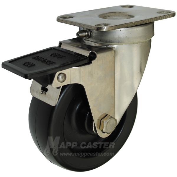 4" x 1-1/4" Heavy Duty Plastic Wheel Stainless Steel Sealed Swivel Caster with Face Contact Brake - 350 Lbs Capacity