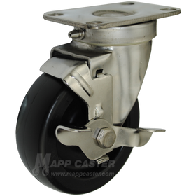 4" x 1-1/4" Heavy Duty Plastic Wheel Stainless Steel Sealed Swivel Brake Caster - 350 Lbs Capacity