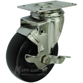 4" x 1-1/4" Heavy Duty Plastic Stainless Steel Swivel Brake Caster - 350 Lbs Capacity