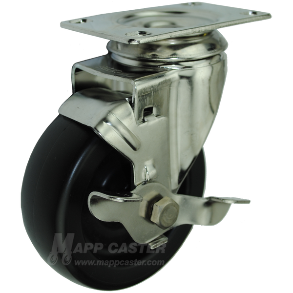 4" x 1-1/4" Heavy Duty Plastic Stainless Steel Swivel Brake Caster - 350 Lbs Capacity
