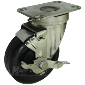 4" x 1-3/8" High Temp Nylon Wheel Stainless Steel Sealed Swivel Caster with brake - 350 Lbs Capacity
