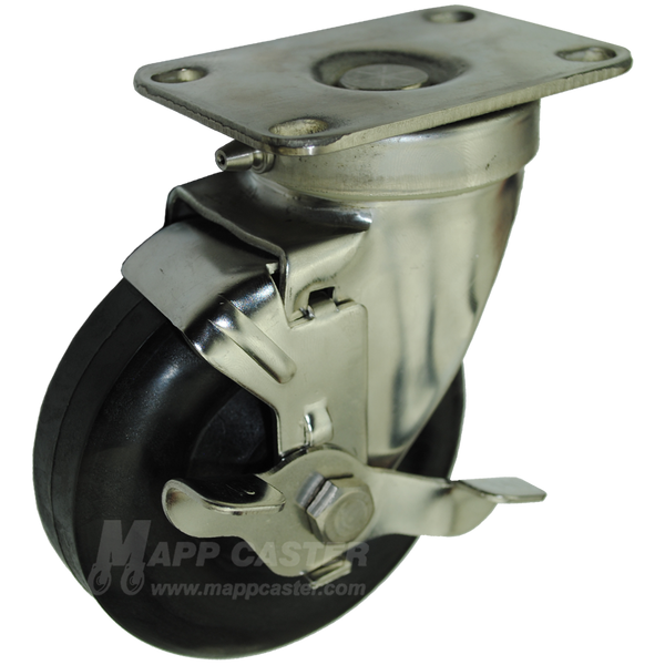 4" x 1-3/8" High Temp Nylon Wheel Stainless Steel Sealed Swivel Caster with brake - 350 Lbs Capacity