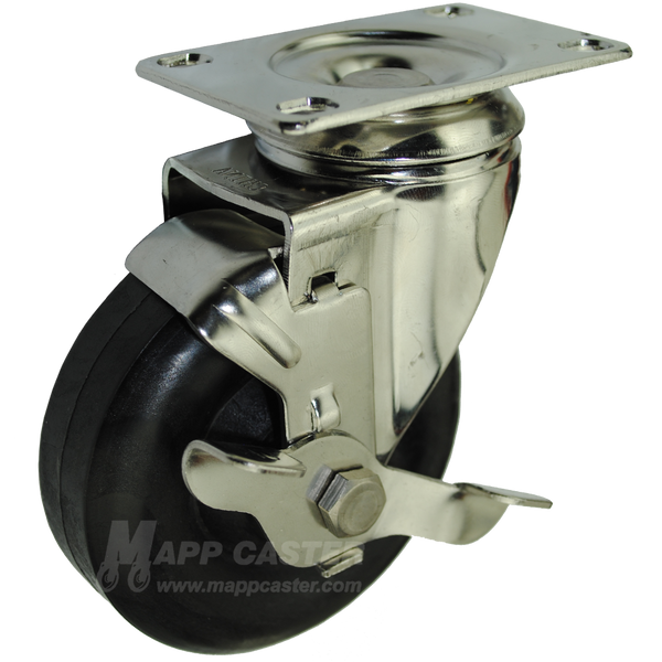 4" x 1-3/8" High Temp Nylon Wheel Stainless Steel Swivel Caster with brake - 350 Lbs Capacity