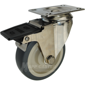 4" x 1-1/4" Thermoplastic Rubber Stainless Steel Swivel Caster with Face Contact Brake - 250 Lbs Capacity