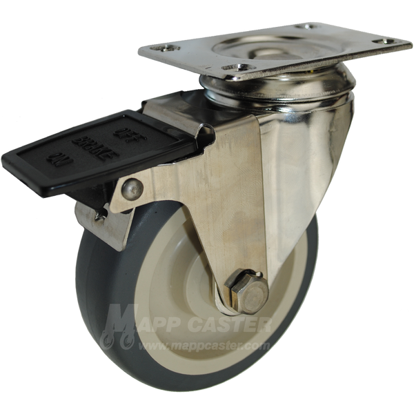 4" x 1-1/4" Thermoplastic Rubber Stainless Steel Swivel Caster with Face Contact Brake - 250 Lbs Capacity