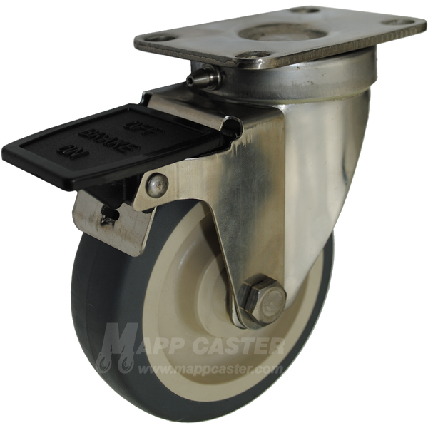 4" x 1-1/4" Thermoplastic Rubber Stainless Steel Sealed Swivel Caster with Face Contact Brake - 250 Lbs. Capacity