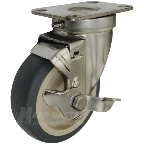 4" x 1-1/4" Thermoplastic Rubber Stainless Steel Sealed Swivel Caster with Top Lock Brake - 250 Lbs. Capacity