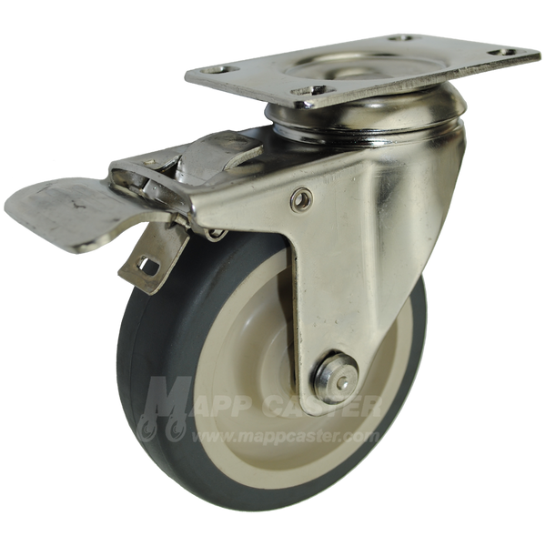 4" x 1-1/4" Thermoplastic Rubber Stainless Steel Swivel Caster with Total Lock Brake - 250 Lbs Capacity