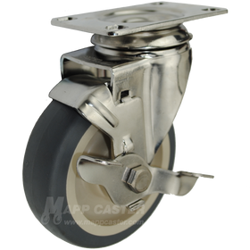 4" x 1-1/4" Thermoplastic Rubber Stainless Steel Swivel Caster with Top Lock Brake - 250 Lbs Capacity