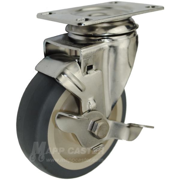 4" x 1-1/4" Thermoplastic Rubber Stainless Steel Swivel Caster with Top Lock Brake - 250 Lbs Capacity