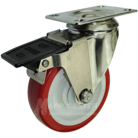 4" x 1-1/4" Polyurethane Wheel Stainless Steel Swivel Caster with Face Contact Brake - 350 Lbs. Capacity