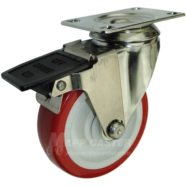 4" x 1-1/4" Polyurethane Wheel Stainless Steel Swivel Caster with Face Contact Brake - 350 Lbs. Capacity