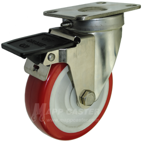 4" x 1-1/4" Polyurethane Wheel Stainless Steel Sealed Swivel Caster with Face Contact Brake - 350 Lbs. Capacity