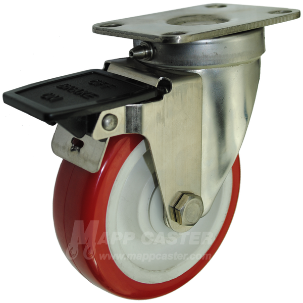 4" x 1-1/4" Polyurethane Wheel Stainless Steel Sealed Swivel Caster with Face Contact Brake - 350 Lbs. Capacity
