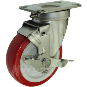 4" x 1-1/4" Polyurethane Wheel Stainless Steel Sealed Swivel Caster with Brake - 350 Lbs. Capacity