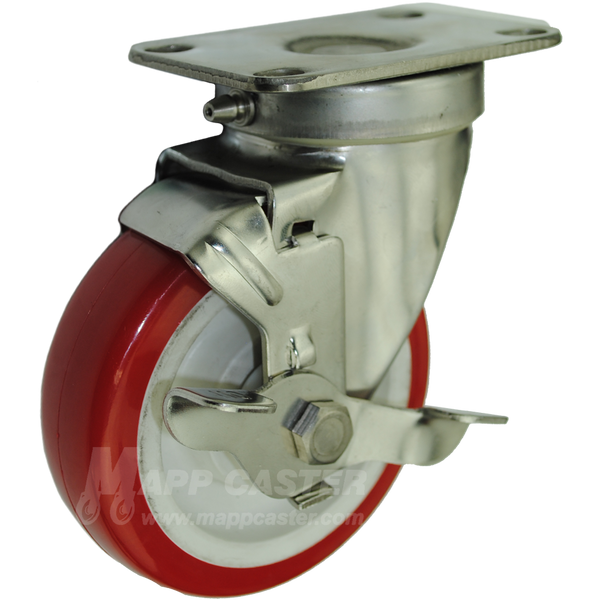 4" x 1-1/4" Polyurethane Wheel Stainless Steel Sealed Swivel Caster with Brake - 350 Lbs. Capacity