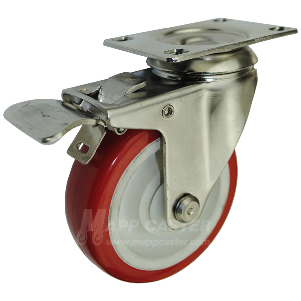 4" x 1-1/4" Polyurethane Wheel Stainless Steel Swivel Caster with Total Lock Brake - 350 Lbs Capacity