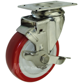 4" x 1-1/4" Polyurethane Wheel Stainless Steel Swivel Caster with Brake - 350 Lbs Capacity