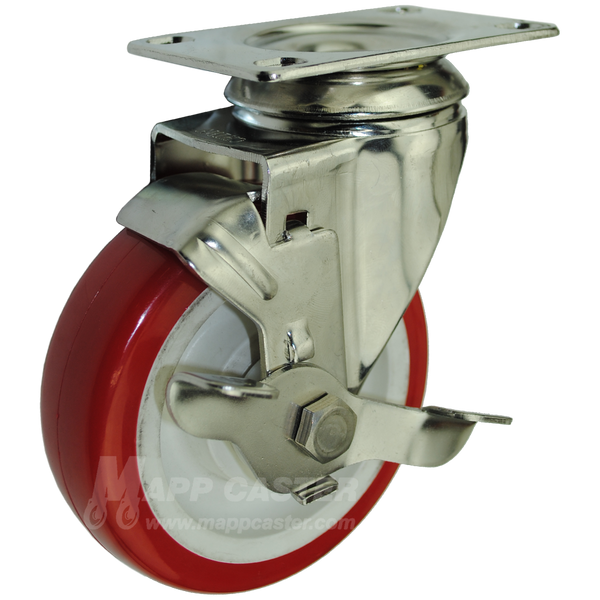 4" x 1-1/4" Polyurethane Wheel Stainless Steel Swivel Caster with Brake - 350 Lbs Capacity