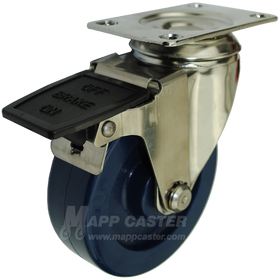 4" x 1-1/4" Solid Polyurethane Stainless Steel Swivel Caster with Face Contact Brake - 350 Lbs. Capacity
