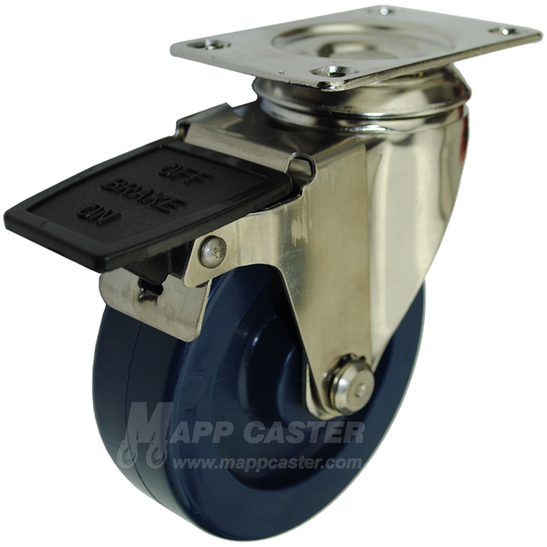 4" x 1-1/4" Solid Polyurethane Stainless Steel Swivel Caster with Face Contact Brake - 350 Lbs. Capacity