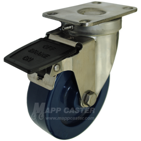 4" x 1-1/4" Solid Polyurethane Wheel Stainless Steel Sealed Swivel Caster with Face Contact Brake - 350 Lbs Capacity