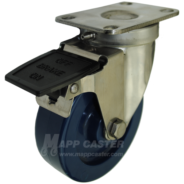 4" x 1-1/4" Solid Polyurethane Wheel Stainless Steel Sealed Swivel Caster with Face Contact Brake - 350 Lbs Capacity