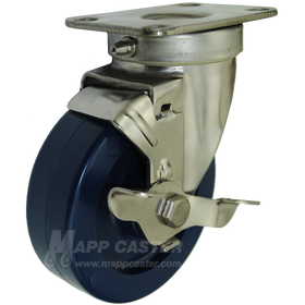 4" x 1-1/4" Solid Polyurethane Stainless Sealed Steel Swivel Caster with Brakes - 350 Lbs. Capacity