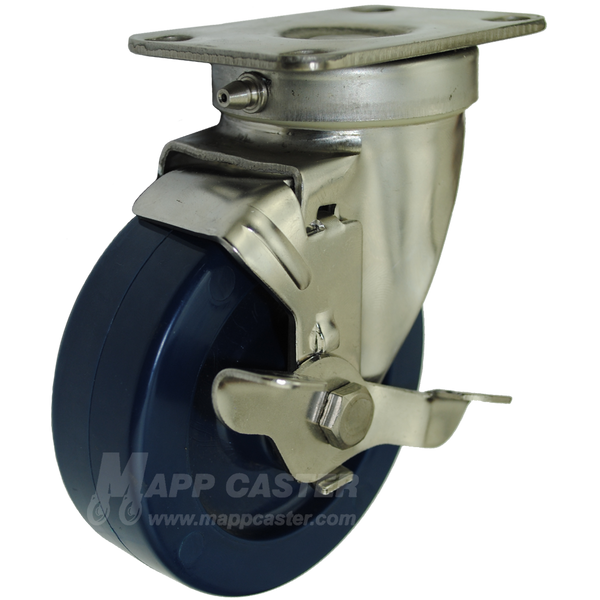 4" x 1-1/4" Solid Polyurethane Stainless Sealed Steel Swivel Caster with Brakes - 350 Lbs. Capacity