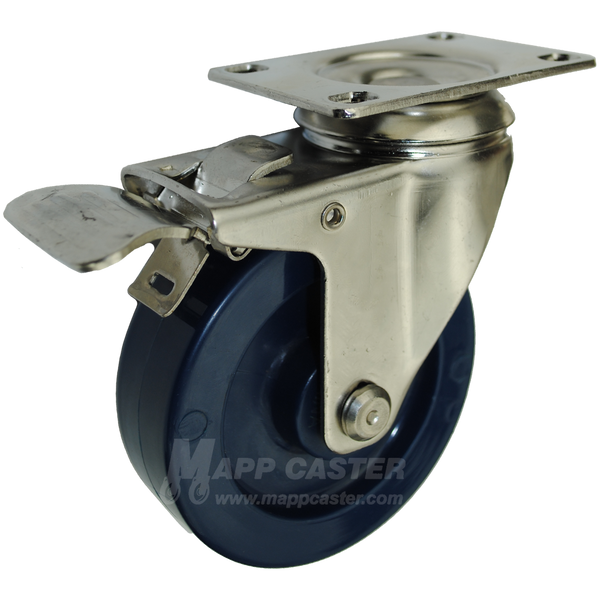 4" x 1-1/4"  Solid Polyurethane Stainless Steel Swivel Caster with Total Lock Brake - 350 Lbs Capacity