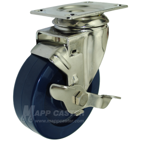 4" x 1-1/4" Solid Polyurethane Stainless Steel Swivel Brake Caster - 350 Lbs Capacity