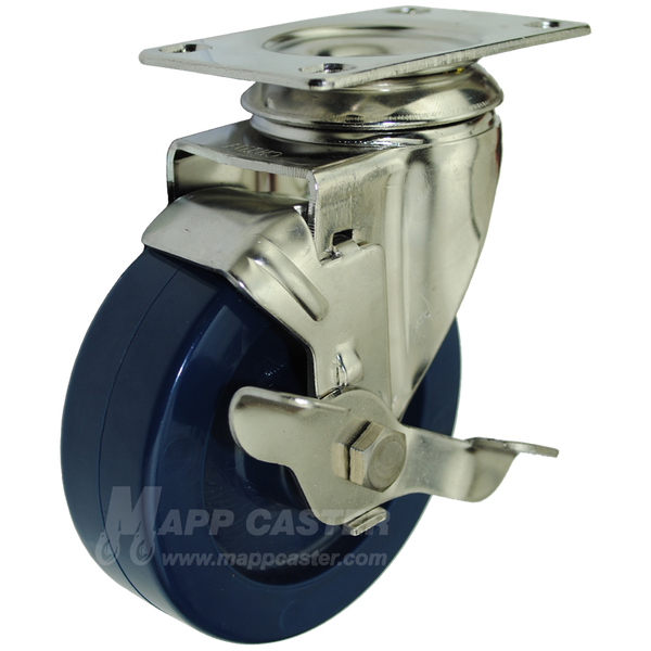 4" x 1-1/4" Solid Polyurethane Stainless Steel Swivel Brake Caster - 350 Lbs Capacity