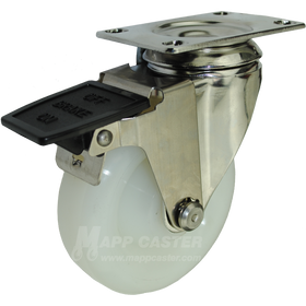 4" x 1-1/4" White Polyolefin Stainless Steel Swivel Caster with Face Contact Brake - 300 Lbs Capacity
