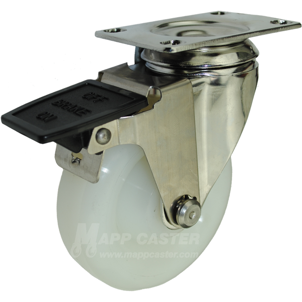 4" x 1-1/4" White Polyolefin Stainless Steel Swivel Caster with Face Contact Brake - 300 Lbs Capacity