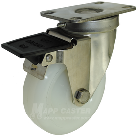4" x 1-1/4" White Polyolefin Stainless Steel Sealed Swivel Caster with Face Contact Brake - 300 Lbs Capacity