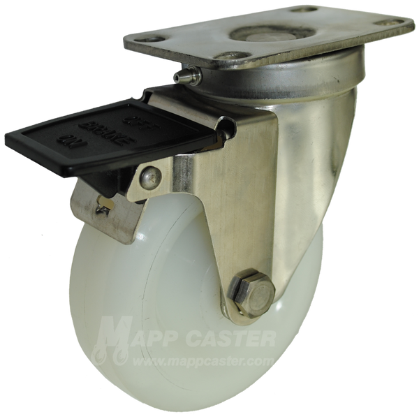 4" x 1-1/4" White Polyolefin Stainless Steel Sealed Swivel Caster with Face Contact Brake - 300 Lbs Capacity
