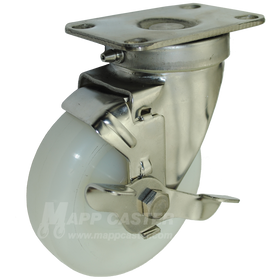 4" x 1-1/4" White Polyolefin Stainless Steel Sealed Swivel Brake Caster - 300 Lbs Capacity