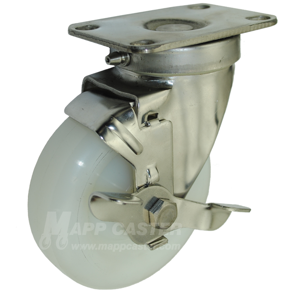 4" x 1-1/4" White Polyolefin Stainless Steel Sealed Swivel Brake Caster - 300 Lbs Capacity