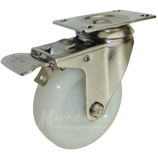 4" x 1-1/4" White Polyolefin Stainless Steel Swivel Caster with Total Lock Brake - 350 Lbs Capacity