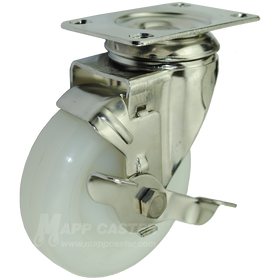 4" x 1-1/4" White Polyolefin Stainless Steel Swivel Brake Caster - 300 Lbs Capacity