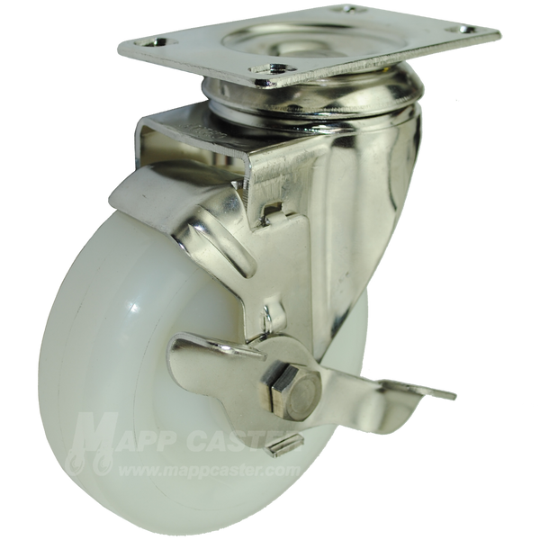 4" x 1-1/4" White Polyolefin Stainless Steel Swivel Brake Caster - 300 Lbs Capacity